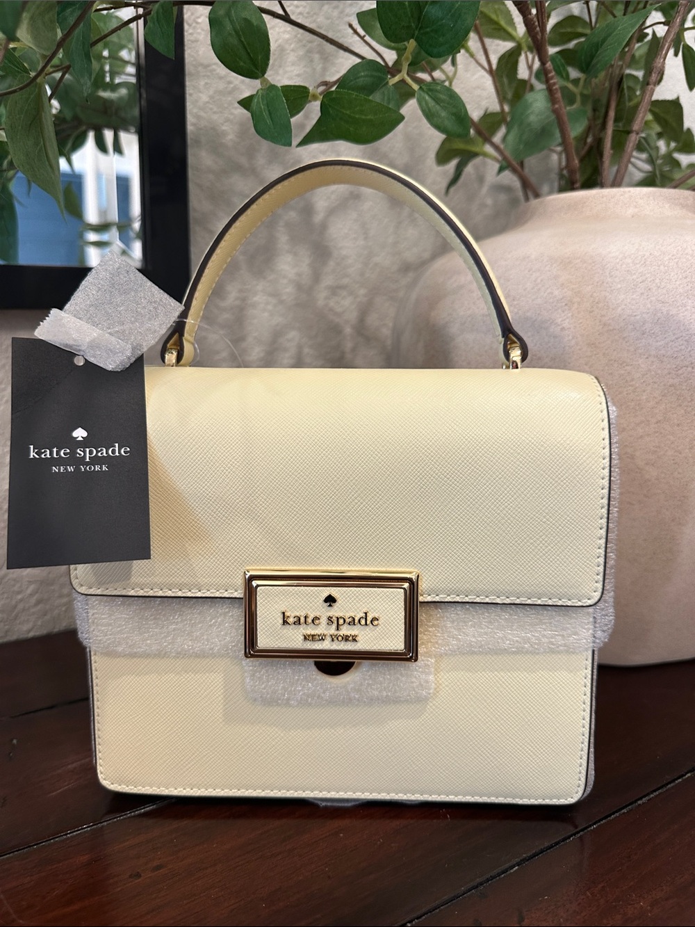 kate spade Butter Yellow Cream Structured Top-Handle Satchel with Gold Hardware